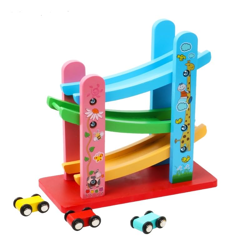 Wooden Car Ramp Toy For Kids With 3 Mini Racing Cars, Multi Color, 21.5 * 21cm