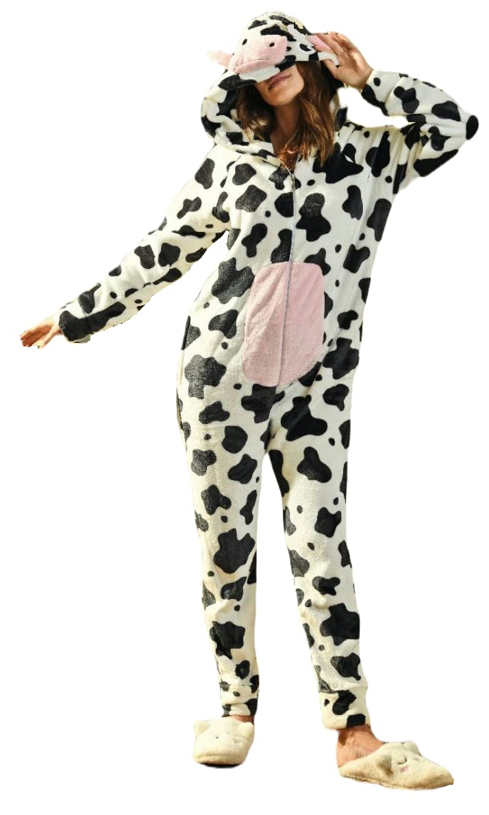 Winter Velvet Hooded Jumpsuit With Front Zipper Cow Design, Multi, One Size