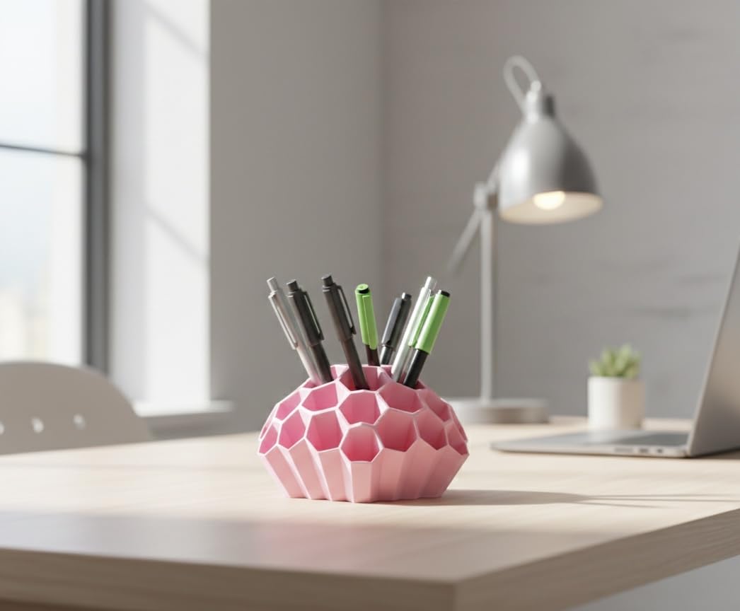 Hexagon Honeycomb Desk Organizer, 3D Printed Pen Holder with High Quality Materials, Modern Office Storage Solution