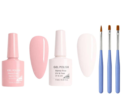 Soft Ivory Nude & Baby Rose Cream Gel Nail Polish Set 7.5ml Each with 3-Piece Nail Brush Kit, Glossy UV LED Soak Off Nail Polish for Nail Art, Smooth Finish for Salon and Home Use (535,536)