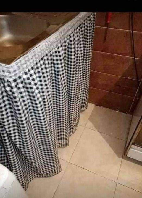 Generic Kitchen Sink Curtain with Adhesive Tape, Black and White Checkered Pattern, 150cm, Easy Install Under-Sink Storage Cover, .ms