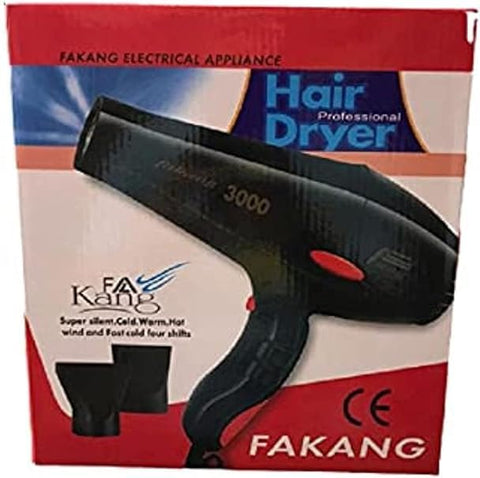FAKANG KF-3000 Professional Hair Dryer, 3000W, Black, 3 Heat Levels, 2 Speeds, Ionic Technology, Cold Air Button, 360° Swivel Cord