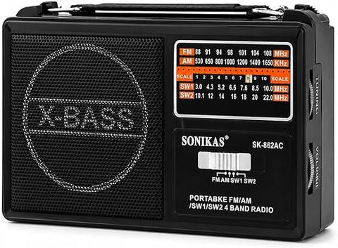 Portable Radio Player, 4 Band FM AM SW1 SW2, Compact FM Radio for Home, Kitchen, Travel, Outdoor and Daily Listening SK-862AC (Black)