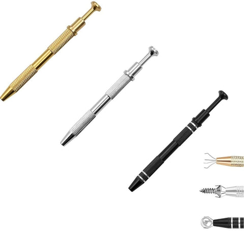 Fashion Mania 3-Piece Piercing Ball Grabber Tool - Stainless Steel Jeweler's Pick Up Tool with 4-Prong Holder and Diamond Claw Tweezers for IC Chips, Gems, Tiny Objects, Pearl Grabber