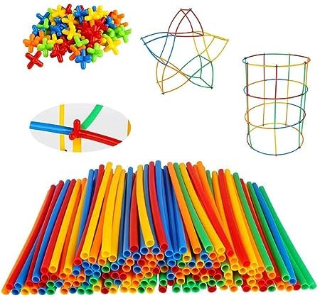 RAMTEK Assembly Colorful Educational Building Smart City Blocks for Kids 100 + Blocks (50pcs Straw & 50pcs Connector) (Straw Block)