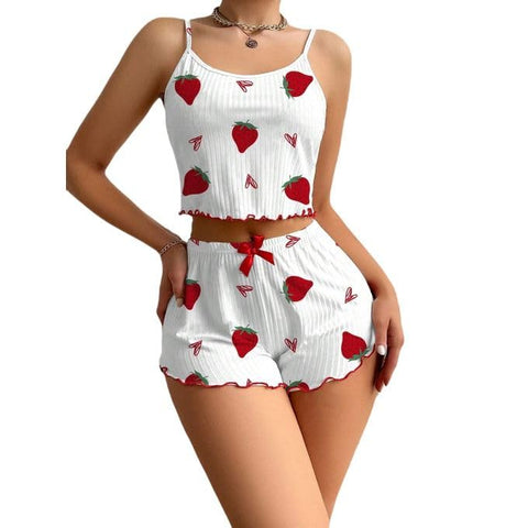 Women's Summer 2 Piece Pajama Set with Strawberry Print, White & Red, Camisole - Free Size #: 567-442