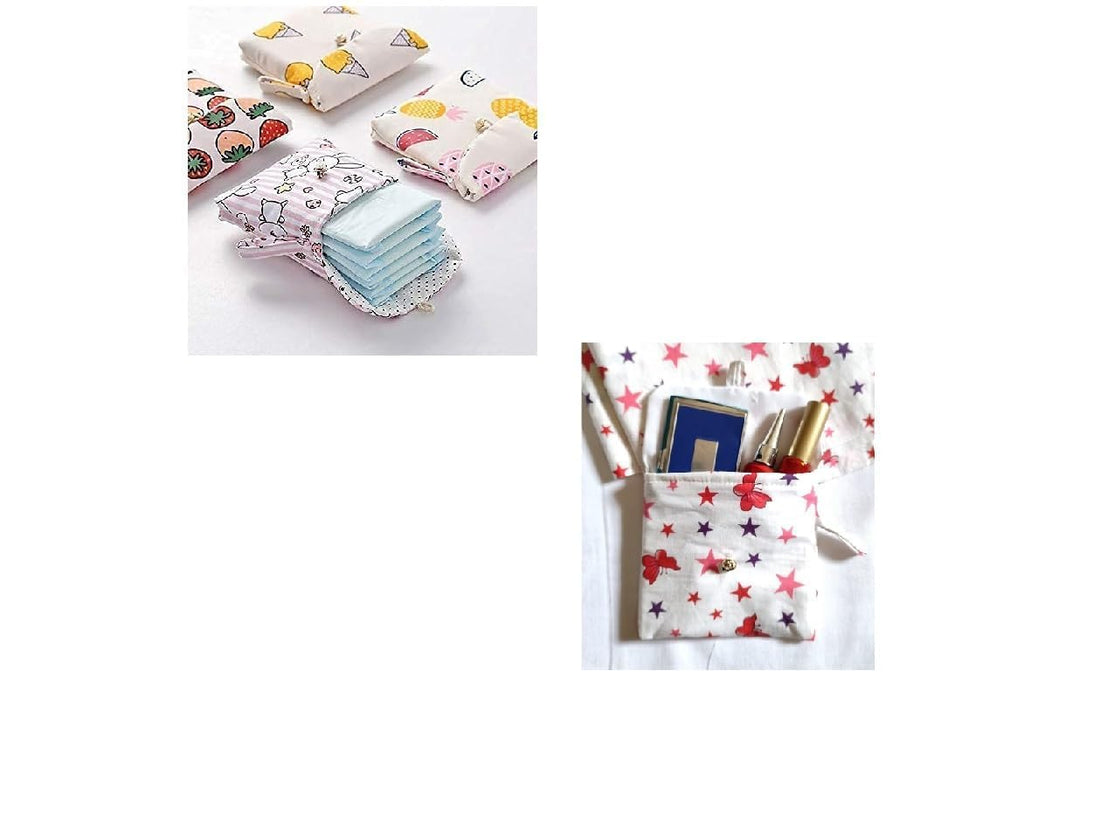 Sanitary Napkin Pouch - 2 Count, Modern Cotton, Regular, Unscented, Breathable and Soft, Holder for Office, Travel, School, Period Kit, Multi-Color
