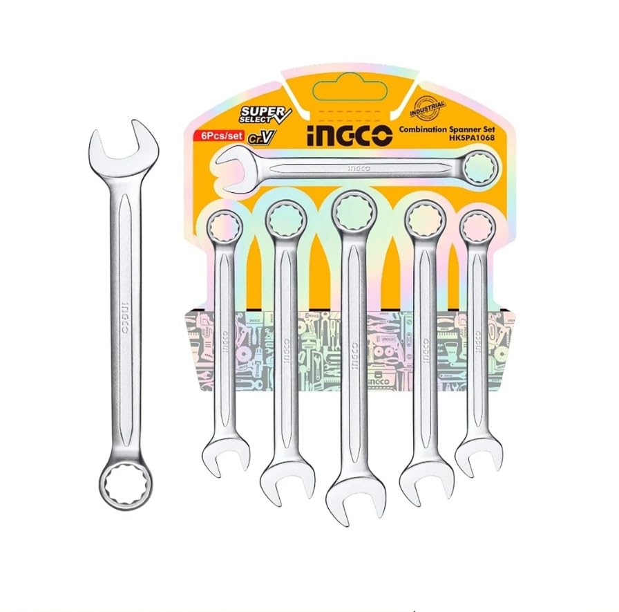 INGCO Combination Spanner Set 8-17mm, 6 Pcs, Included Sizes: 8 mm, 10 mm, 12 mm, 13 mm, 14 mm, 17 mm, Finish: Fine polished, Model : HKSPA1068