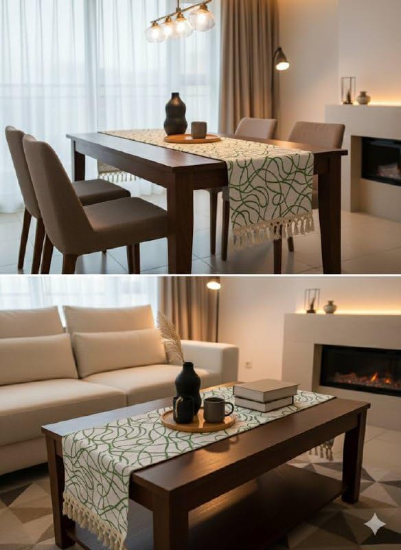 Decorative Table Runner, Green Vine Pattern with Tassels, 150 x 45 cm .br