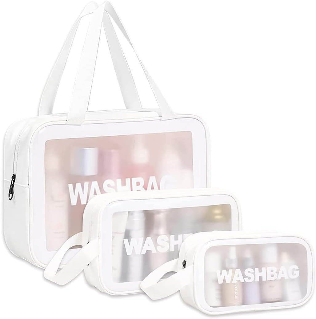 Wayfare Clear Toiletry Bags, Waterproof Travel Washbags with Zipper, 3-Pack Set in Different Sizes (White, 3 Pack)
