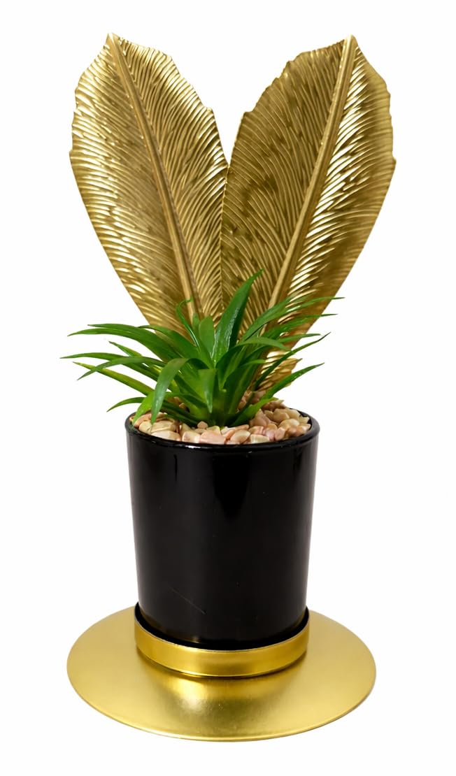 Artificial Plant Decor with Gold Leaves, Black Pot, Gold Metal Stand, Decorative Masterpiece for Table, Home, Office, Living Room (Palm Fronds)