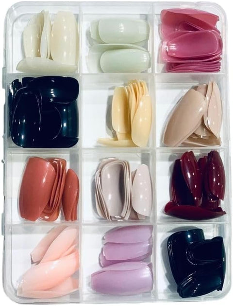 216 Pcs Glossy Press On Nails – 12 Colors Coffin & Oval Shape Fake Nails – Full Cover Short Artificial False Nails – Durable Gloss Finish for Women and Girls Manicure Decoration