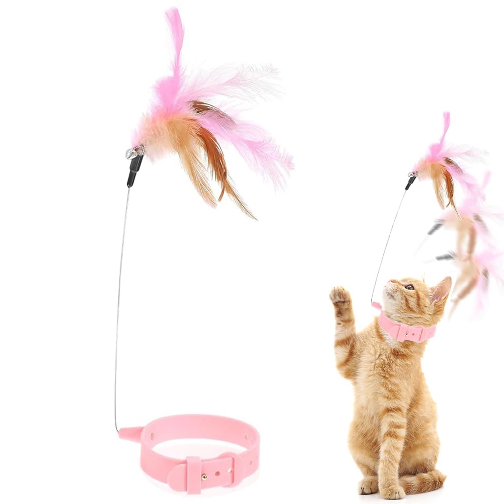 Qpets® Interactive Cat Feather Toy Collar - Adjustable Elastic Necklace with Bell & Teaser Wand Indoor Play for Kittens & Adult Cats 20.5-32cm Breakaway Safety Design