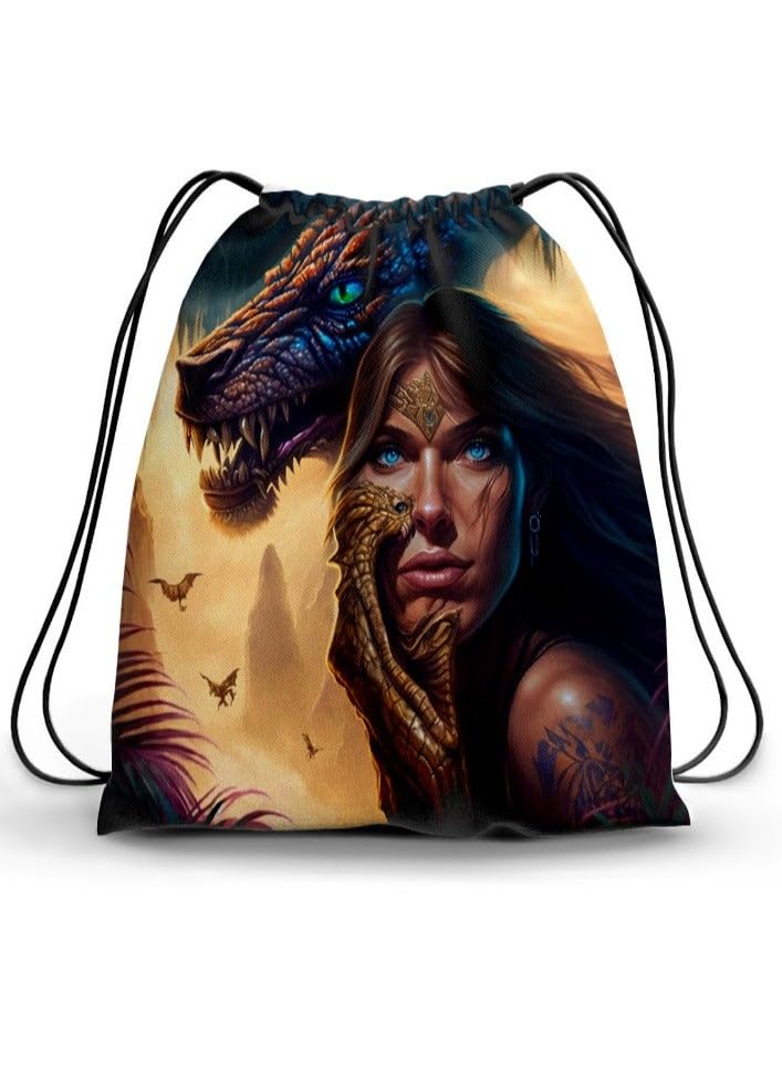 Drawstring Backpack with Dragon and Warrior Fantasy Theme Design, Plastic Material, 50 Grams, 5 Pack