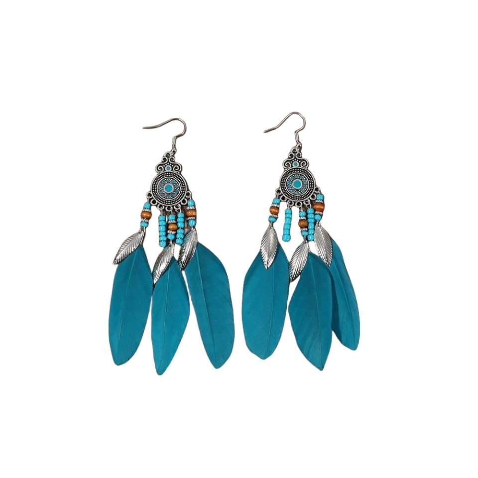 Showday Faux Feather Earrings Dream Catcher Earring Bohemian Fringe Tassel Long Drop Dangle Earrings Bohemian Ethnic Handmade Beaded Charms Earring for Women Girls Jewelry Gift