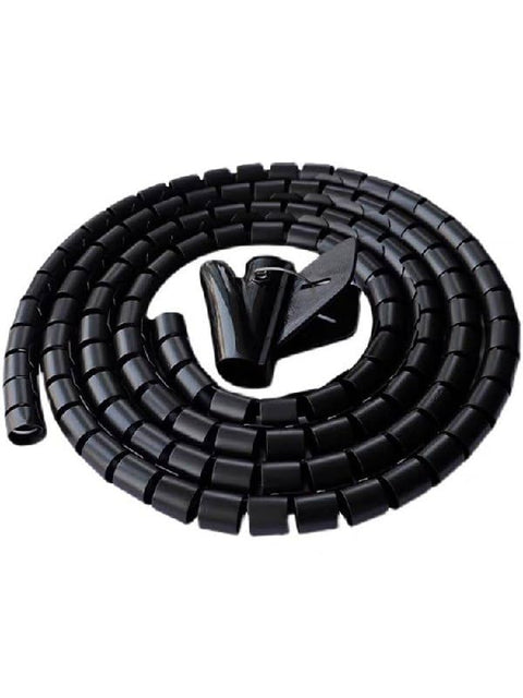 Flexible coiled cable organizer with wire clip and cable protector for PC, TV, and computer; home and office cable organizer; DIY installation; flexible,2 meters long, 10mm diameter; black color.
