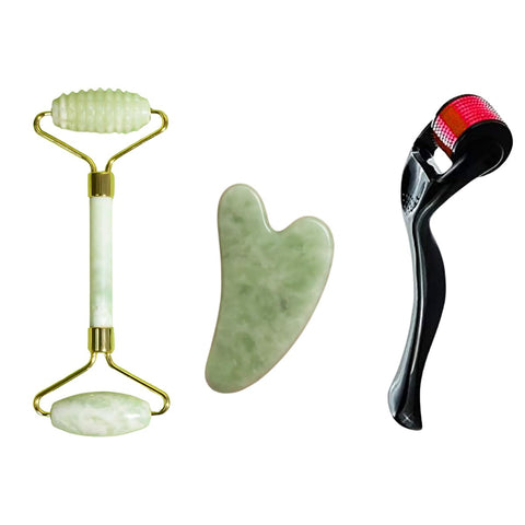 Jade Roller Set 3 in 1 Gua Sha Derma Roller Facial Massager
