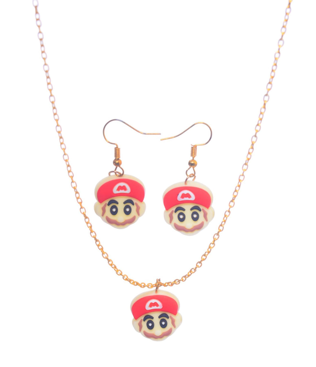 Children's Jewelry Set - Gold-Tone Necklace & Earrings with Super Mario Design - Red