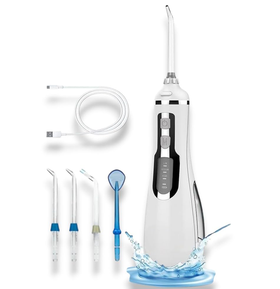 Cordless Water Flosser with 4 Jet Tips, White, with USB Charging
