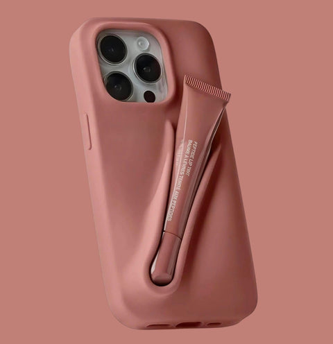 Silicone Lipstick Holder Case for iPhone 11 Pro — Built-in Lip Balm/Cosmetic Tube Slot, Soft-Touch Grip, Slim Shockproof Cover, Camera Protection — Stylish (Beige Pink)