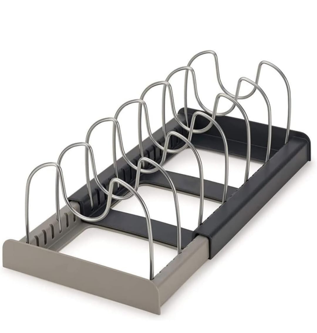 Downtown Expandable Pan Organiser Rack, 7-Tier Adjustable Pot and Lid Holder for Cabinet and Countertop Storage, Black and Grey Metal Frame for Efficient Kitchen Cupboard Tidy