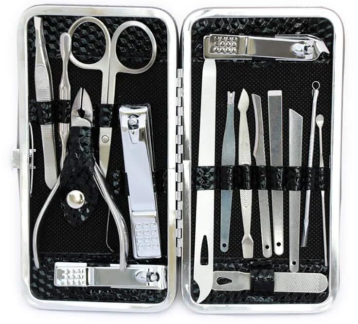 Manicure Set, 16 Pieces Manicure Tool Set Pedicure Tools Manicure Tools Stainless Steel Professional Nail Scissors for Men and Women (Brown-Navy)