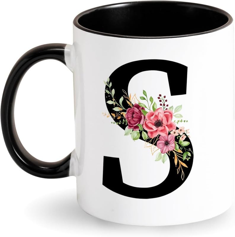 Mug with Letter Coffee Mug Alphabet Mug with Initial and Floral Pattern Personalized Gift Black Initial Mug for Women Gift for Birthday, Christmas (s)