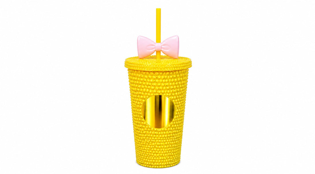 Premium Drink Cup with Lid and Reusable Straw – Stylish Studded Design for Everyday Use and Travel (Yellow)