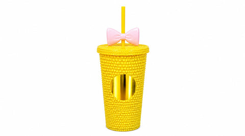 Premium Drink Cup with Lid and Reusable Straw – Stylish Studded Design for Everyday Use and Travel (Yellow)