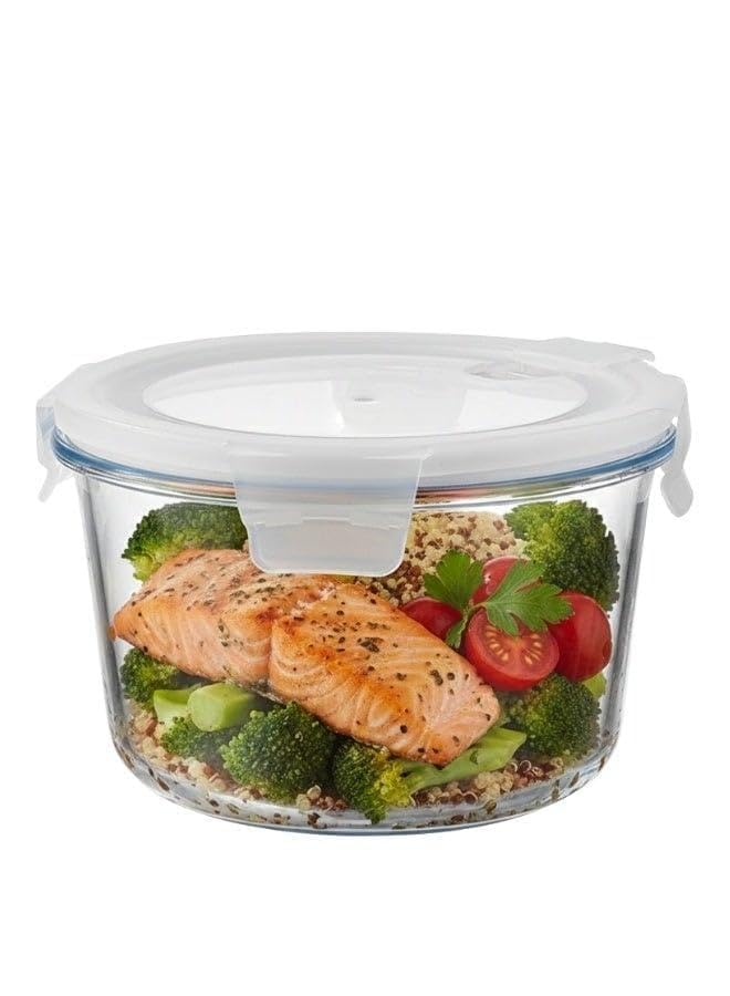 Home 1Pcs Premium Round Glass Food Containers â€“ BPA-Free, Leak-Proof 4-Sided Lock Lid with Rubber Seal, Steam Vent, Microwave, Oven, and Freezer Safe, 1100ml (Height 9cm Ã— Width 16cm), Stackable, E