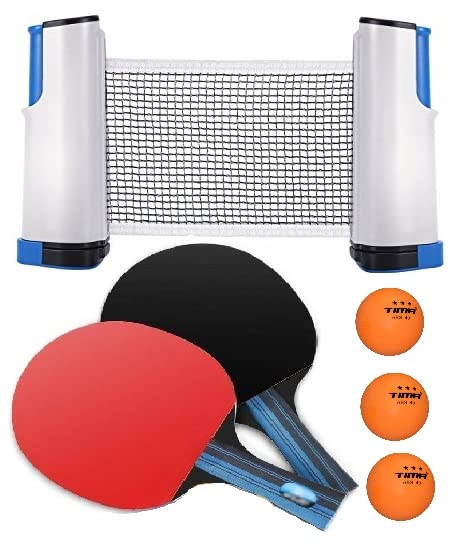 Tima Table Tennis Set with Two Racket with Three 40+ ABS Balls and One Retractable Table Tennis Net with Push Clamps - TT Net Set for 72 inch Table Tennis Board | Portable and Foldable Net Set