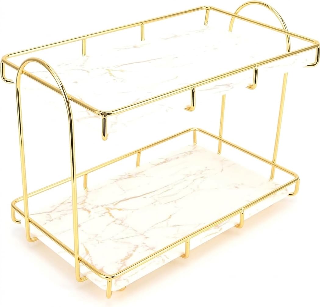 Gold color Makeup Organizer Stand – 2-Tier Rust-Resistant Storage Rack for Cosmetics, Skincare & Perfumes
