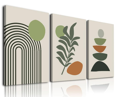 Boho Wall Art Sef of 3, Mid-Century Modern Prints, Neutral Geometric Boho Wall Decor Sun Moon Palm Leaf Beige Green Canvas Artwork, Minimalist Boho Poster Paintings for Bedroom Living Room Bathroom