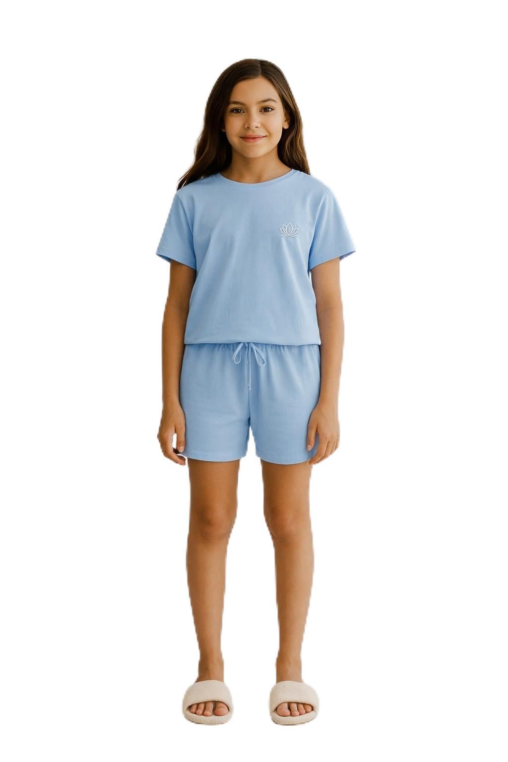 Lavandula Girls' Pajama Set, Cotton, Short Sleeve Top and Drawstring Shorts, Soft and Comfortable Sleepwear