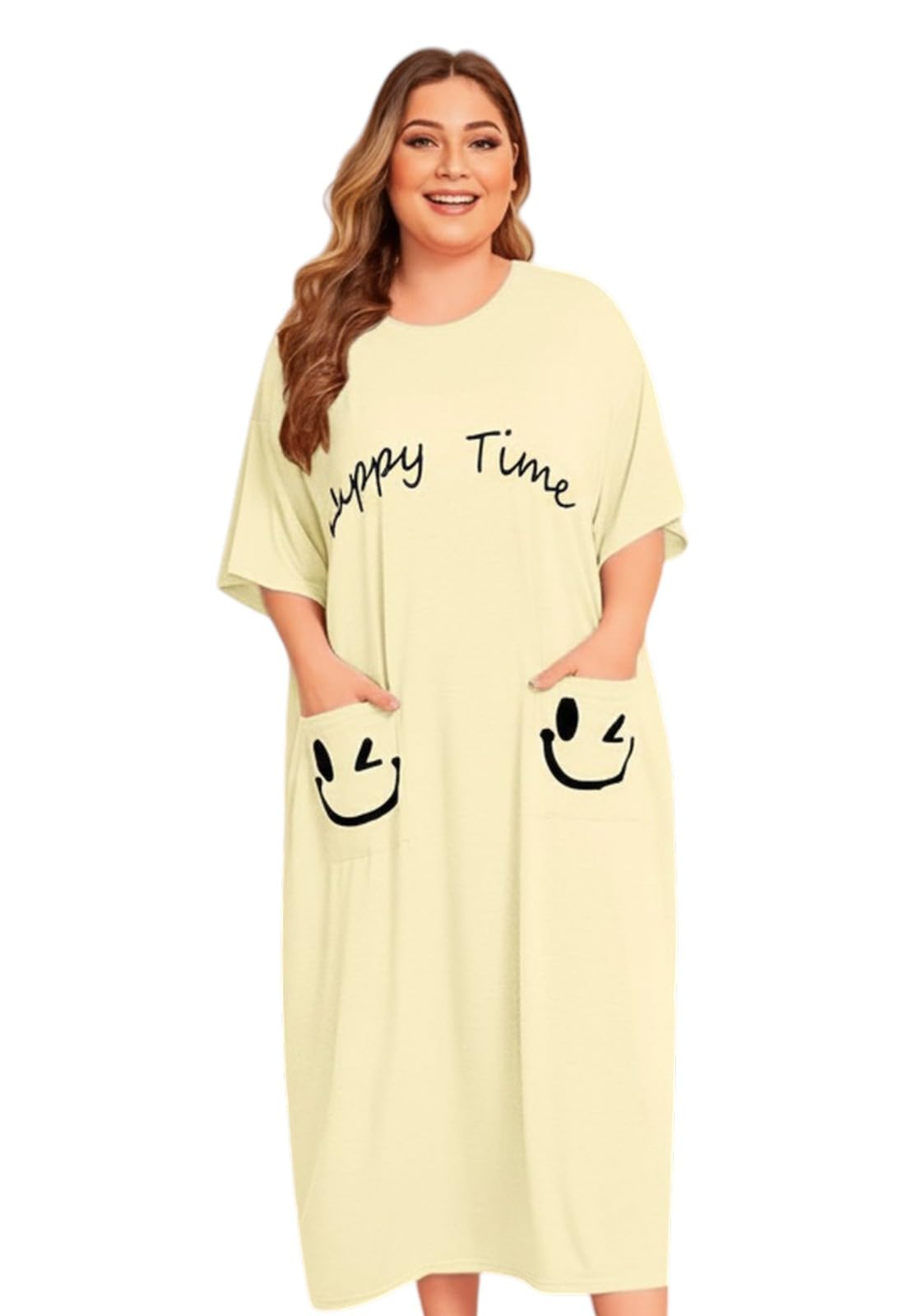 Plus Size Nightgown for Women – Cotton Lightweight Short Sleeve & Pockets Smile Home Wear – Comfortable & Modern Home Wear for Home & Sleep Up to 100K