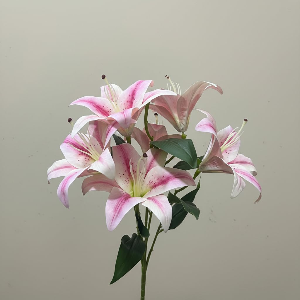 Artificial Lily Flowers Bouquet (Night) Pink/White – 6 Roses 45cm Tall – Realistic Decorative Rose for Home & Office – Suitable for Vases, Gifts, Events