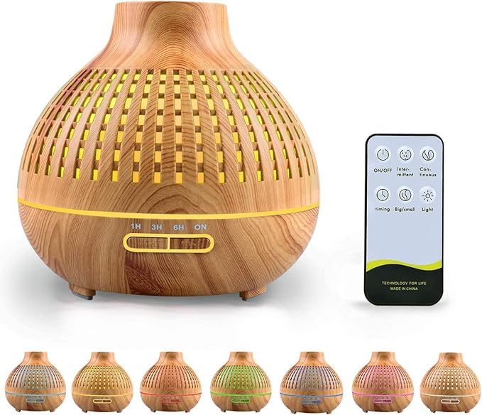 Essential Oil Diffuser, Aromatherapy Diffuser 500ml with Remote Control, 4 Timer & Auto-Off Safety Switch, 7 Color LED Lights Mode, 10 Hours Quiet Humidifier for Bedroom, Office & Home (A.Light Woody)