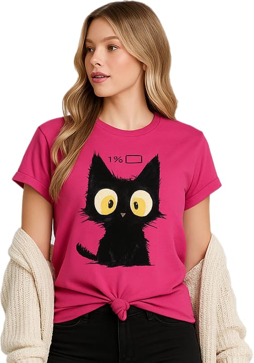 Casual Black Cat Print T-Shirt, Hot Pink, Round Neck Short Sleeve, Regular Fit