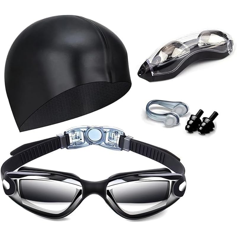 GQ Swimming Goggle 4 in 1 Set With Swimming Cap, Nose Plugs, Ear Clips and Case, Goggles Anti Fog, UV Protection, No Leaking, HD Wide View for Adult Men & Women