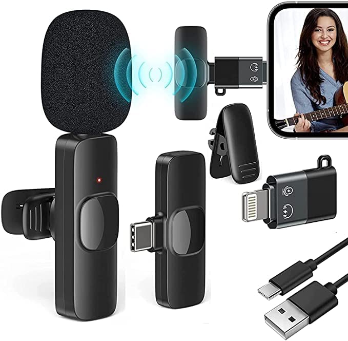 DDLC K8 Lavalier Wireless Collar microphone Noise Cancellation Plug Play Rechargeable Microphone for Andriod/Type-c/iPhone Devices (Black)