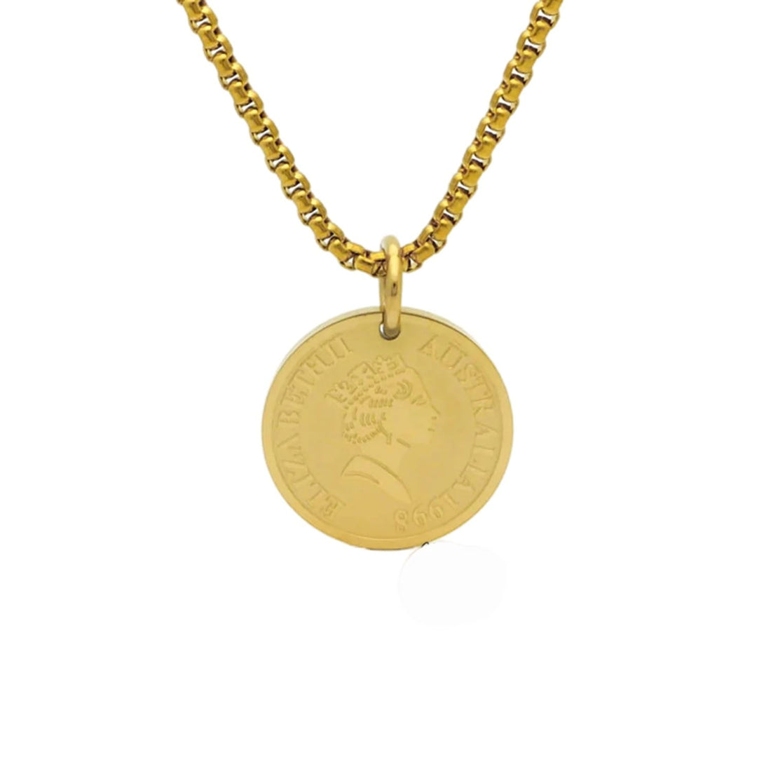 Julia Store 18K Gold Plated Stainless Steel Queen Elizabeth Vintage Trendy Chic Simple Round Gold-Pound Like Box Chain Celebrity Medal Reversible Keepsake Chic Choker Necklace Jewelry Gift Women