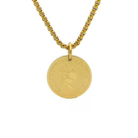 Julia Store 18K Gold Plated Stainless Steel Queen Elizabeth Vintage Trendy Chic Simple Round Gold-Pound Like Box Chain Celebrity Medal Reversible Keepsake Chic Choker Necklace Jewelry Gift Women