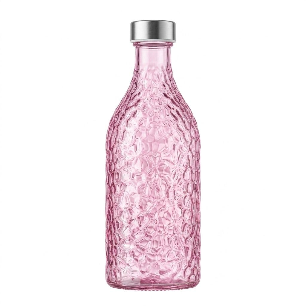 دورق مياه زجاج 1000 مل - زجاج Carafe with Metal Lid - Modern Juice and Water Bottle for Dining - Strong Water Bottle with Embossed Crystal Design - Special Color. (Pink)