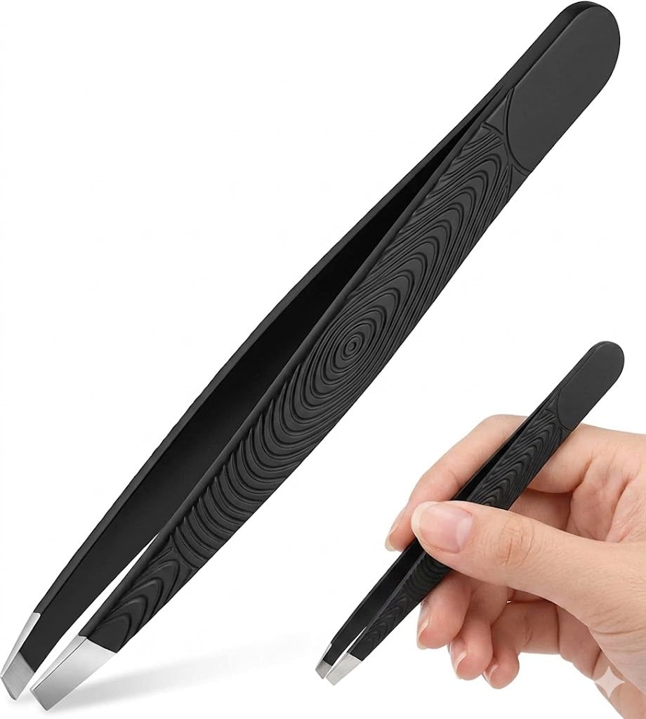 Professional Eyebrow Tweezers Stainless Steel Facial Hair Removal Tweezers with Slanted Tip for Easy Plucking Silver-FACE DESIGN-black