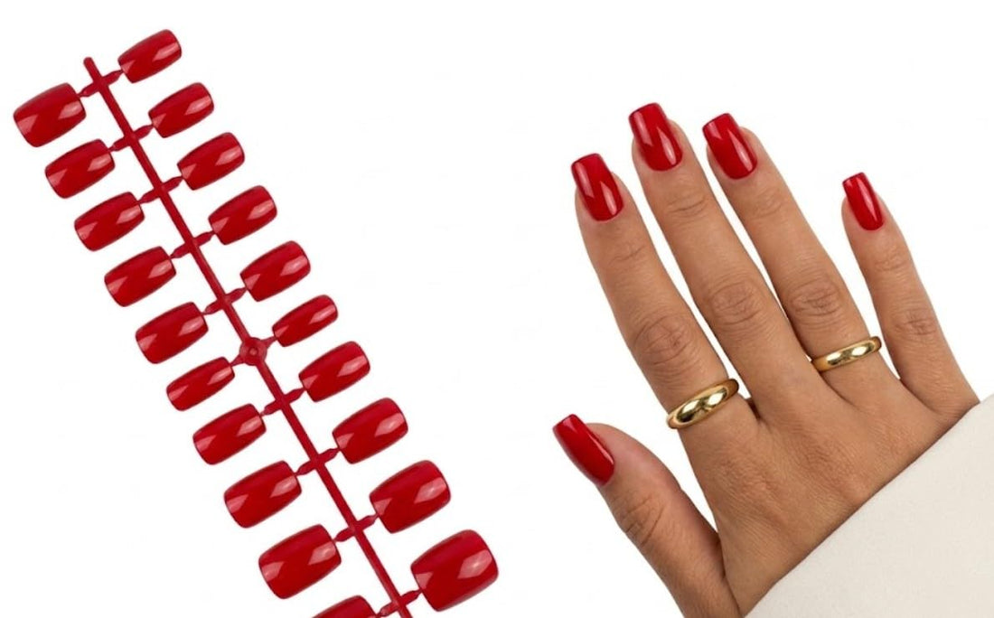 3D NAILS - 24pcs PRESS ON NAILS Medium SQUAER SHAPE - MIRROR False Nails, Perfect For Parties+ 1 SHEET DOUBLE FACE-LIGHT RED