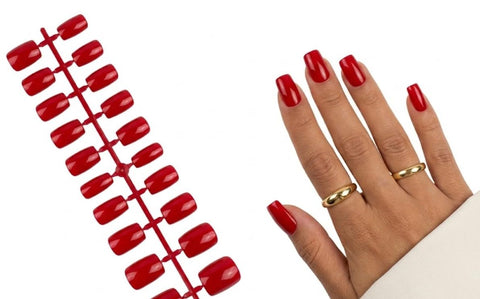 3D NAILS - 24pcs PRESS ON NAILS Medium SQUAER SHAPE - MIRROR False Nails, Perfect For Parties+ 1 SHEET DOUBLE FACE-LIGHT RED