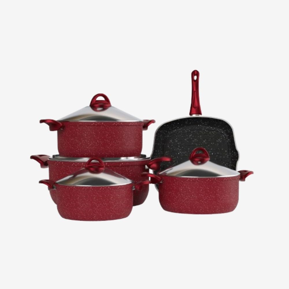 Super Granite Cookware 9-Piece Set in Red with durable 4 mm bodies for even heat distribution. Premium non-stick granite coating ensures healthy cooking and easy cleaning.