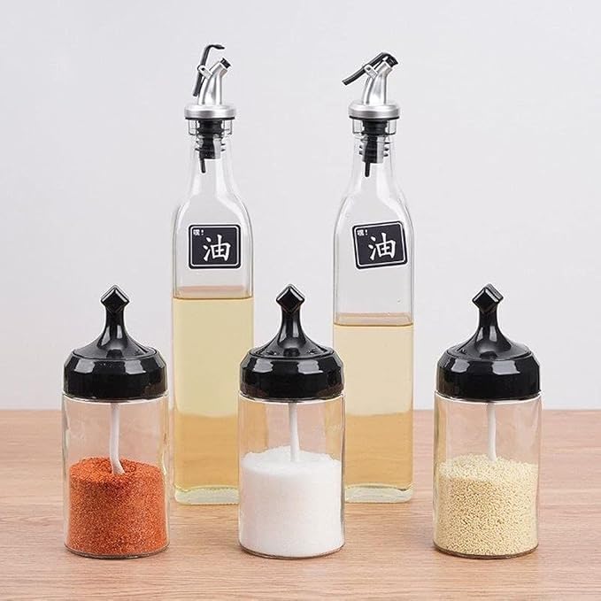 Kitchen Spice Set 5 Pieces Glass Jars 3 and 2 Oil Bottles