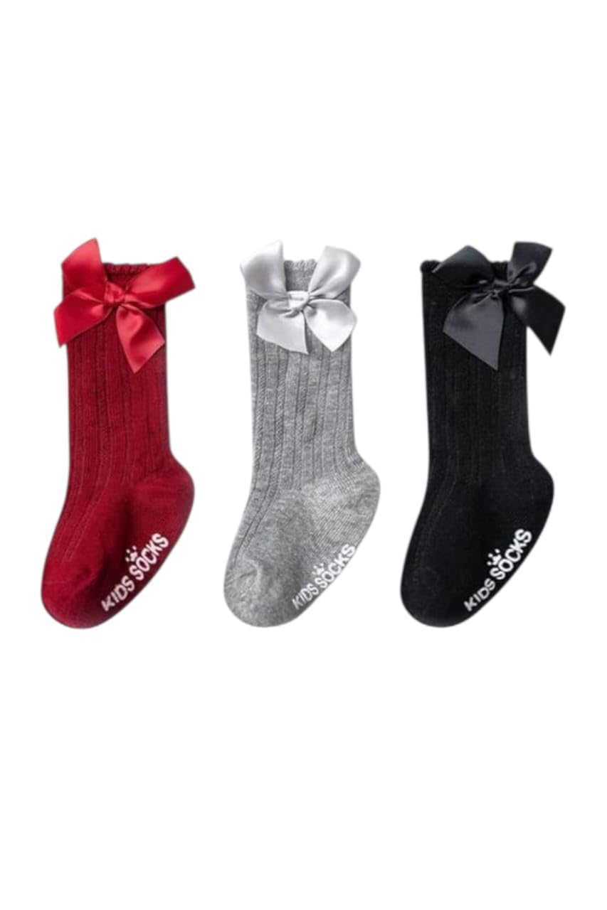 Kids Girls Long Bow Socks (3 Color Bucket) Gray; Black; Red)