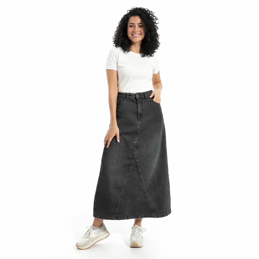 Women's Maxi Denim Skirt, Dark Grey Washed, A-Line Silhouette, High Waist, Casual Style-6513